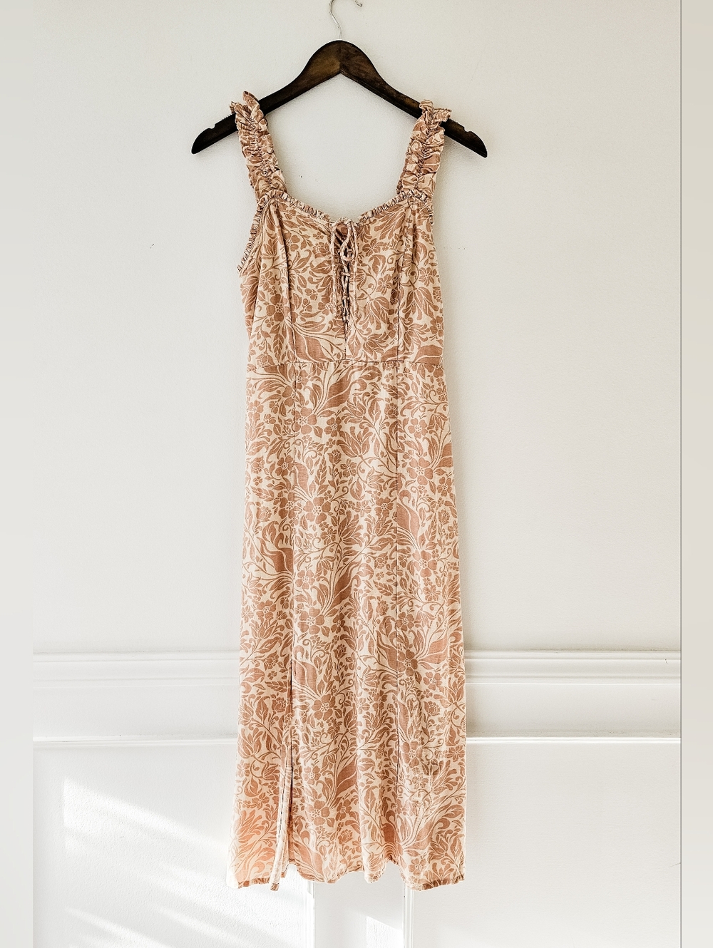 Linen Blend Floral Dress with Ruffle Straps